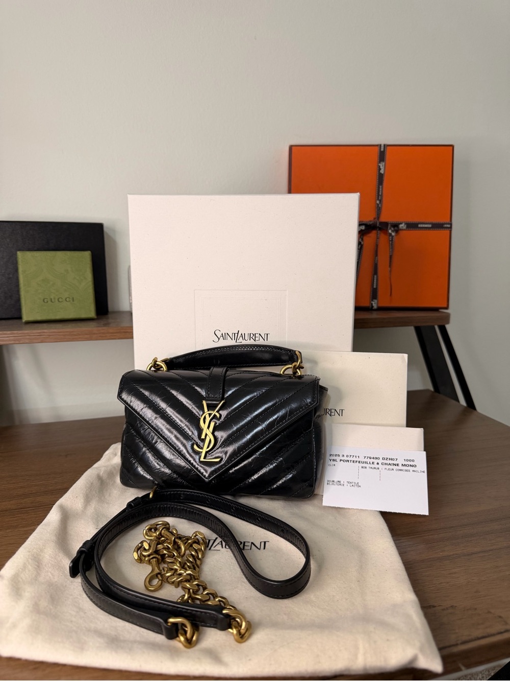 AUTHENTIC - YSL Black Chevron-Quilted Polished Crinkle Leather College Mini